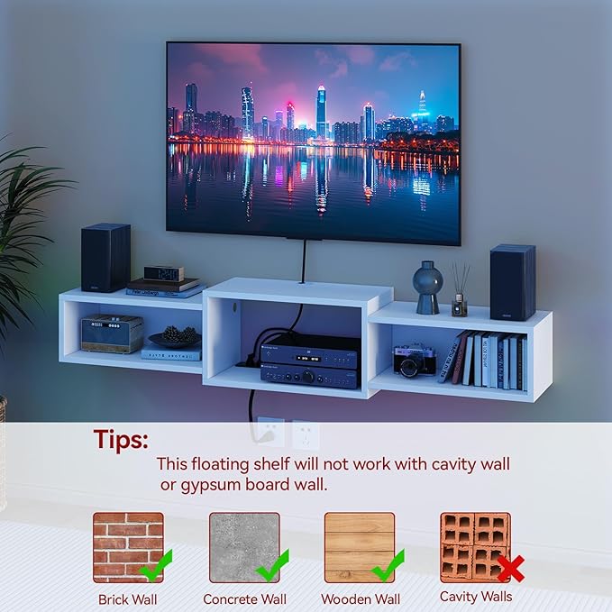 IBUYKE Floating TV Stand Wall Mounted with Power OutletModern Wood Wall Mounted Media Console ShelfFloating Entertainment Center for Under TV Storage for Living Room Bedroom OfficeWhite WST001W