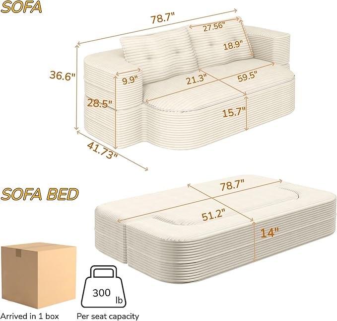 JOYBASE 78in Sofa Couch Convertible Oversized Cloud Loveseat Minimalist Sleeper Sofa Bed for Living Room Apartment Office No Assembly Required (Cream White)