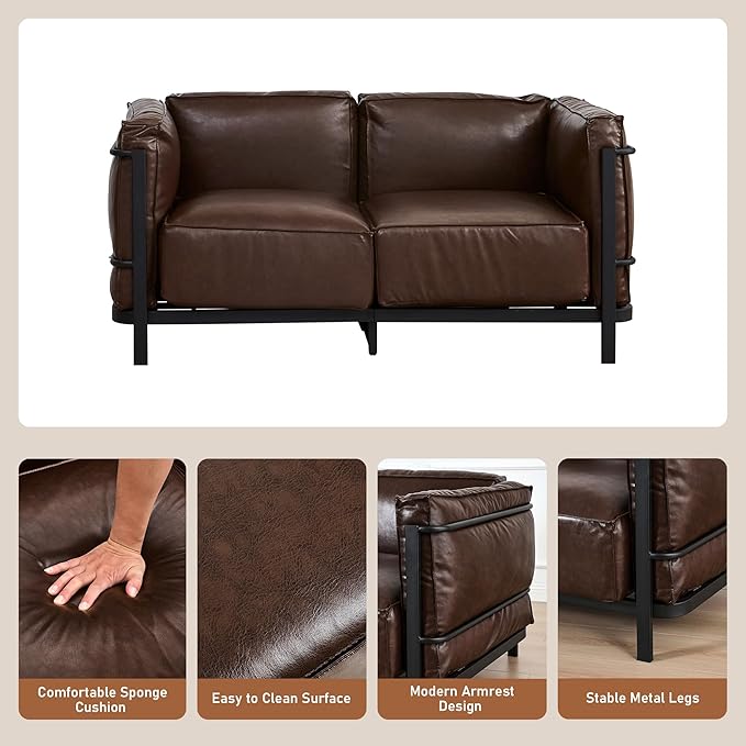 Minimalist Style 3 Seater Sofa Mid-Century Modern Faux Leather Sofa Couch with Fixed-Shape Iron Frame Upholstered Couch Chair for Living Room Office Apartment (Brown Loveseat Sofa)
