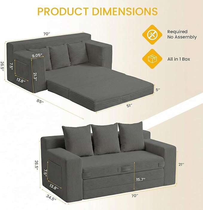 Boneless Couch Sleeper Sofa Bed: 3-in-1 Convertible Sofa Bed with Side Pockets &amp HandlePull Out Couch with 3 PillowsFolding Futon for Small SpaceLiving Room &amp Bedroom
