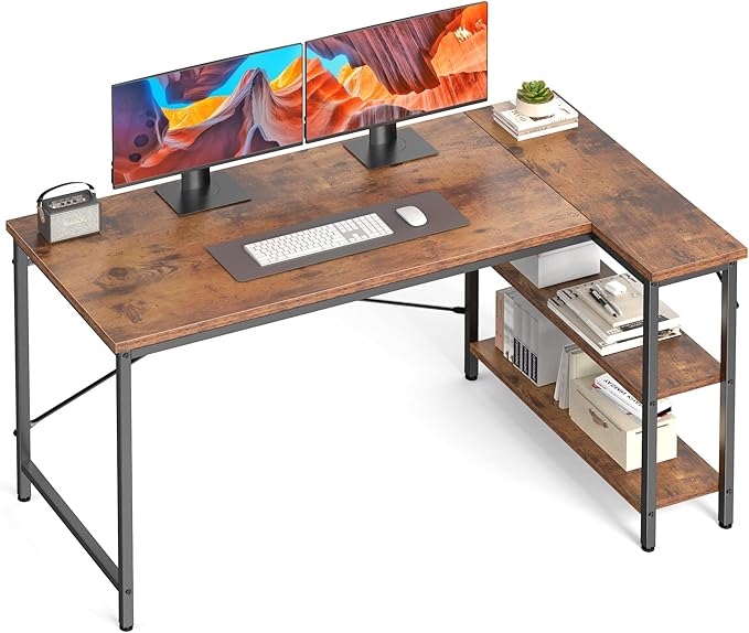 DUMOS L Shaped Desk 47 Inch Computer Desk Gaming Furniture Corner Desks Home Office PC Table with Reversible Storage Shelves for Writing Working Study Bedroom Dorm Rustic Brown