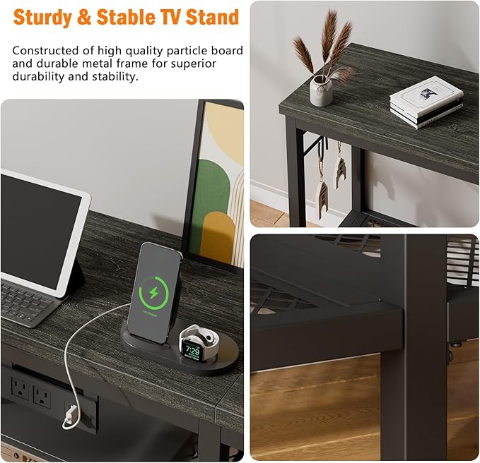 Furologee TV Stand with Power Outlets Entertainment Center with Open Storage Shelves for TVs up to 55 Inch Media Console Table with Soundbar Shelf for Living Room Bedroom Black Oak
