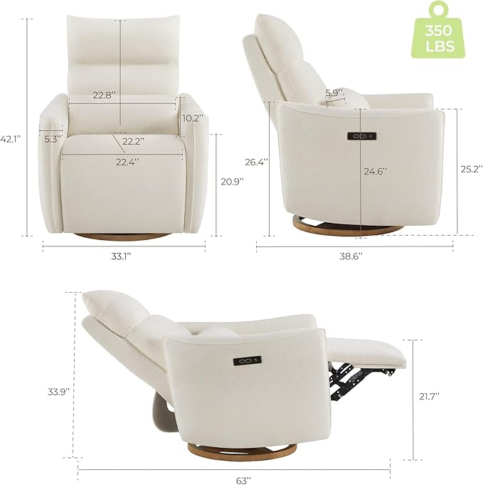 CHITA Swivel Rocker Recliner Chair Power Nursery Glider Recliner Nursery Rocking Chair with Adjustable Power Headrest FSC Certified Solid Wood Base Cream