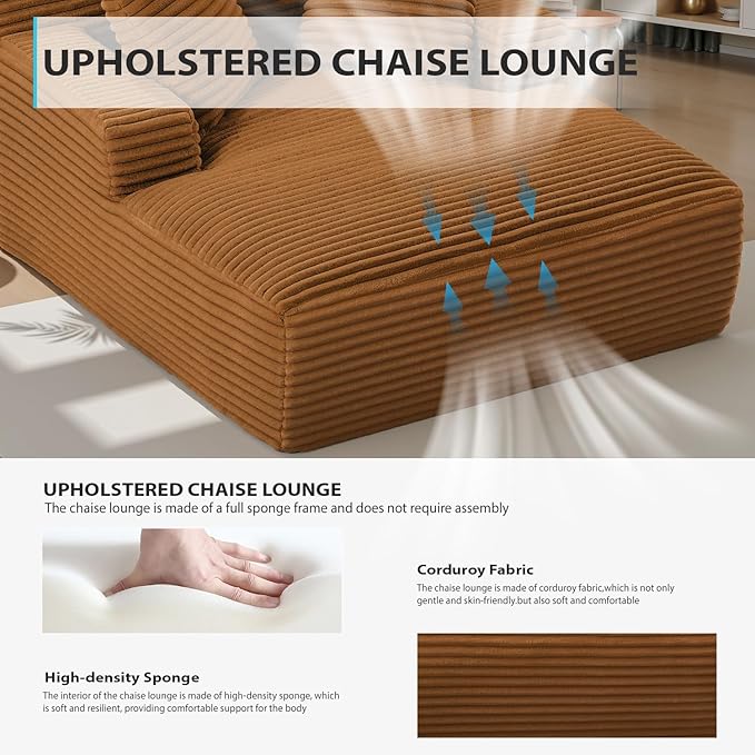 67 Inch Chaise Lounge Chair Indoor Oversized Corduroy Upholstered Boneless Sofa Bed Deep Seat Sleeper Couch Reading Chairs Cloud Sofas Couches for Living Room No Assembly Required (Orange)