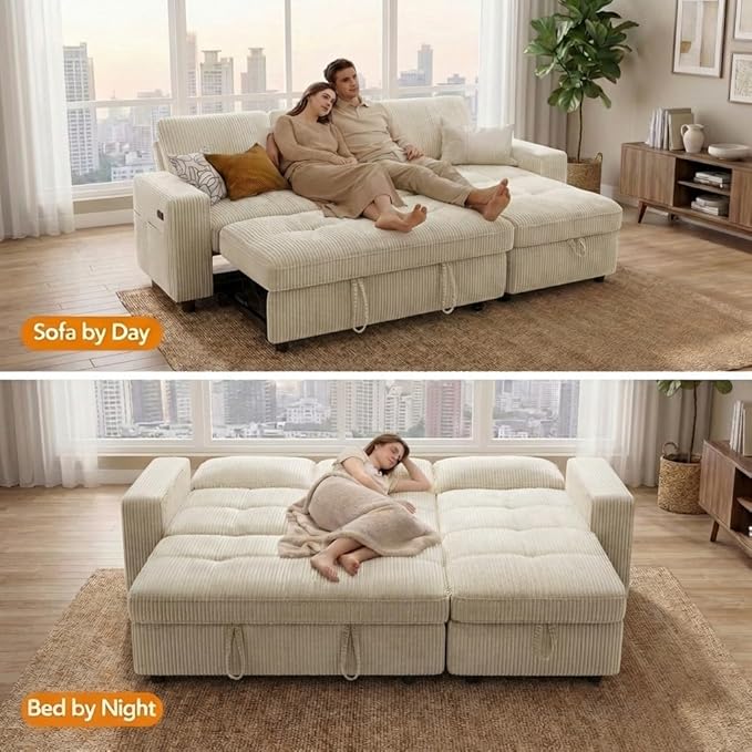 WEUP 81 Sectional Sofa with Pull Out Bed L Shaped 3 Seat Sleeper Sofa with Storage Adjustable Backrest USB Ports Tool-Free Assembly Plush Corduroy Sectional Couches for Living Room Beige | Brea