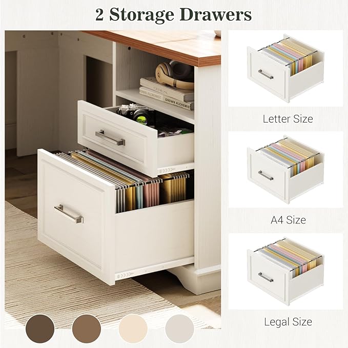 Unikito Farmhouse L Shaped Executive Desk with File Drawers 60 Corner Computer Desk with Power Outlets Large 2 Person Home Office Table with Storage Cabinet Sturdy Writing Desk White and Brown