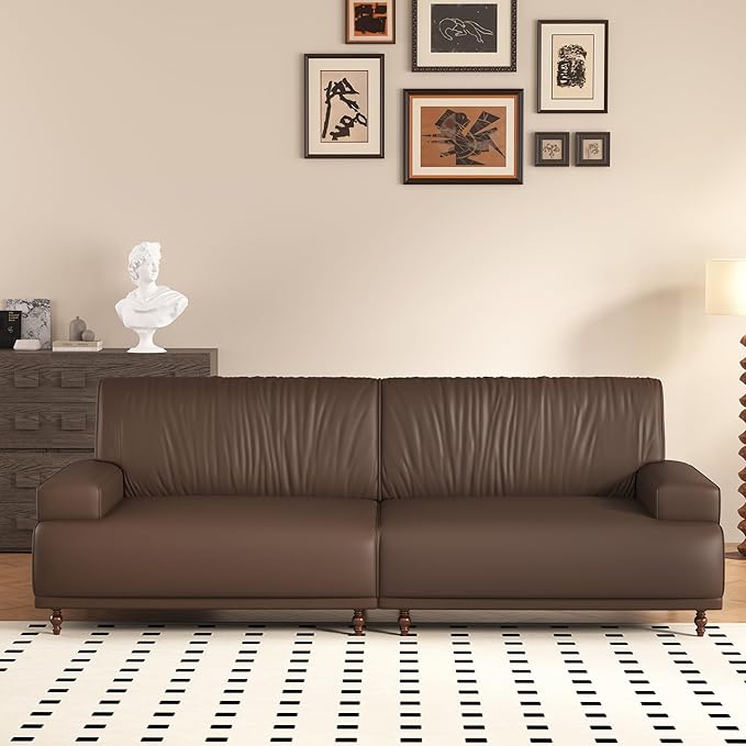 86.41 Mid-Century Modern Leather 3-Seater Couch Comfortable Sofa with Solid Wood Legs and Frame for Living Room Bedroom Apartment and OfficeBrown
