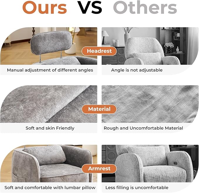 Large Swivel Accent Chair Chenille Round Barrel Chair Upholstered Armchair for Living Room Bedroom Modern Round Armchair Single Sofa with Adjustable Headrest Grey
