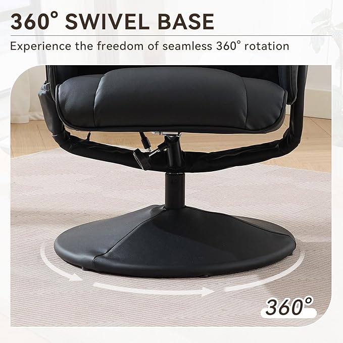 Ergonomic Recliner Chair with Ottoman for Adults 360° Swivel Massage Lounge Chair with 5-Point Vibration &amp Heated Seat140° Adjustable PU Leather Recliner for Living Room Office (Black+PU Leather