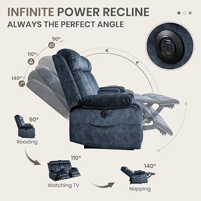 Power Reclining Loveseat with Heat &amp Massage Dual Recliner Sofa with Console Cup Holders USB &amp Type-C Ports 2 Seater Electric Reclining Couch for Living Room RV (Blue 2 Seat)