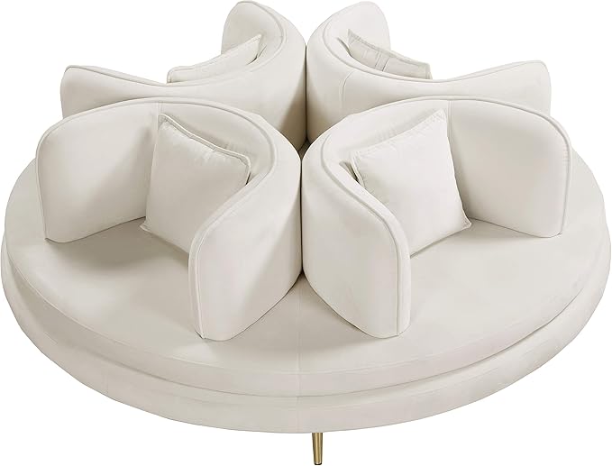 Meridian Furniture 627Cream Circlet Collection Modern | Contemporary Velvet Upholstered Roundabout Sofa with Sturdy Gold Iron Legs Cream 72 W x 72 D x 29 H