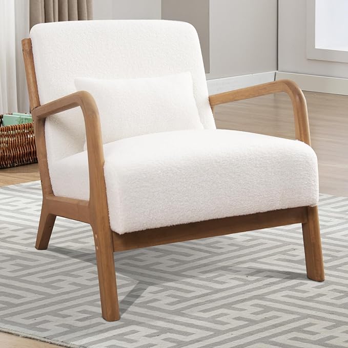 INZOY Mid Century Modern Accent Chair with Lamb Wool Fabric Upholstered Living Room Chairs with Waist Cushion Reading Armchair for Bedroom Sunroom White