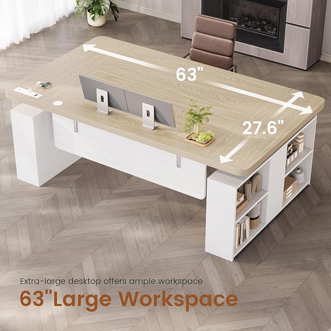 SEDETA 63 Executive Standing Desk with Storage Executive Height Adjustable Desk with Power Outlets Large Computer Office Desk with Privacy Panel for Home Office Natural Oak