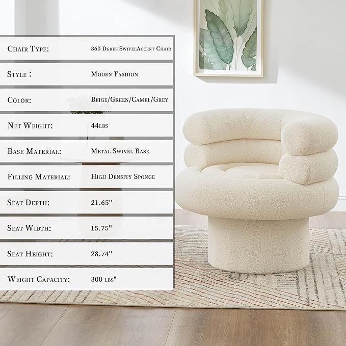 360° Swivel Accent Chair - Cozy Sherpa Fabric Ergonomic Barrel Design Stylish and Comfortable for Living Room Bedroom or Office (Camel-Sherpa)
