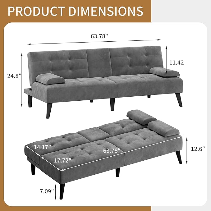 JAMFLY Futon Couches Loveseat Sofa Bed Convertible Lazy Futon Sofa Bed with Cup Holder for Small Spaces Bedroom Living Room Apartment Dorm （Dark Grey）