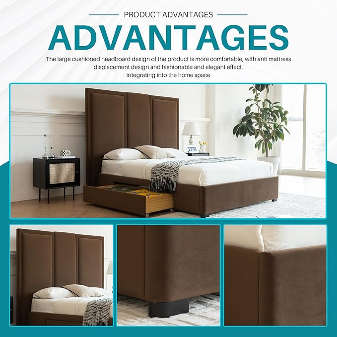YUHUASHI Queen Size Bed Frame with 64-inch High Headboard Simple and Airy Linen Upholstered Platform Bed with Storage Drawers Wood Slat No Noise (Brown Queen)