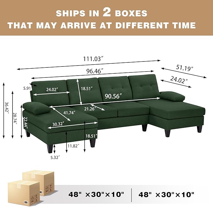 111 Sectional Couch for Living Room Modern Polyester Fibre U Shaped Sofa Couches with Double Chaise Upholstered 4 Seater Sofa for Living Room Apartment Office Dark Green