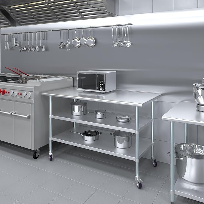 AmGood Stainless Steel Work Table with 2 Shelves and Casters | Metal Utility Table On Wheels (Stainless Steel Work Table with 2 Shelves + Casters 60 Long x 30 Deep)