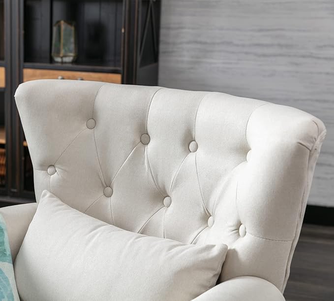 Mid Century Modern Accent Chair Upholstered Armchair Comfy Linen Fabric Single Sofa with Tufted Wingback for Small Spaces Bedroom Living Room Beige