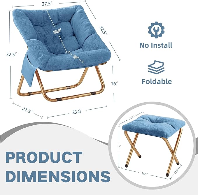 Comfy Saucer Chair for Adults Foldable Living Room Chairs Soft Faux Fur Lounge Chair for Bedroom Reading Chairs X-Large (Ottoman-Blue)