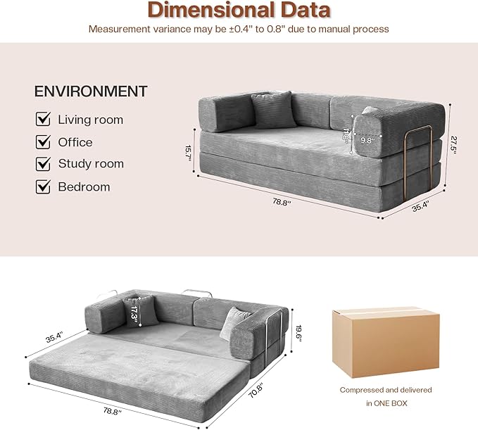 79 Inch Convertible Sofa Bed Couch in Box 5 in 1 Folding Modular Boneless Couch with Pull Out Bed 2 Pillows Soft Corduroy Floor Futon Lounge Loveseat Sleeper Lazy Cama No Assembly Light Grey