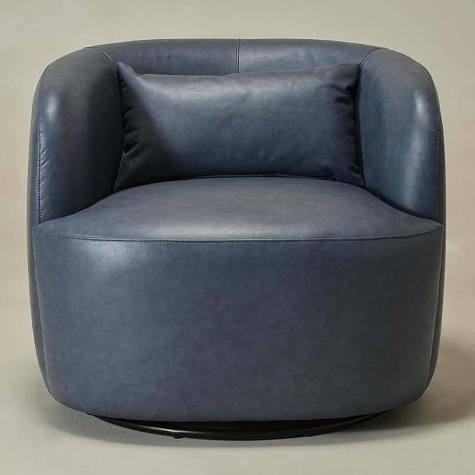 KINWELL 34 Wide Swivel Faux Leather Armchair No Assembly Upholstered PU Leather Swivel Accent Chairs with Toss Pillow for Living Room Office Lounge Navy