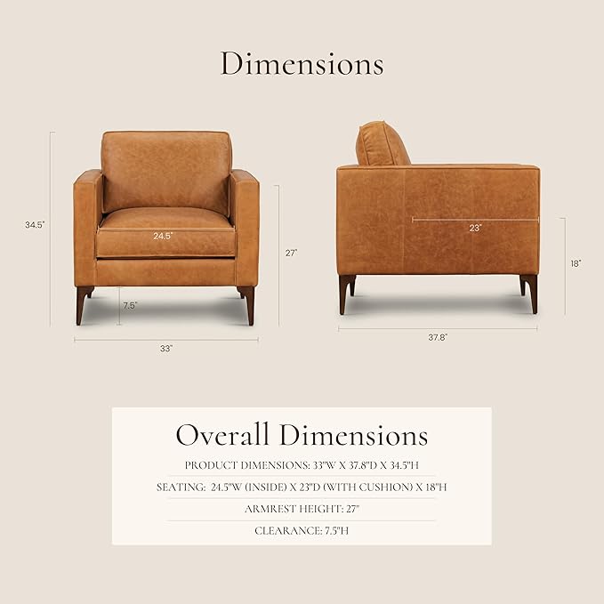 Poly &amp BARK Mateo Leather Lounge Chair – Cognac Tan Full-Grain Leather Upholstery – Modern Upholstered Accent Chair for Living Room or Bedroom – Indoor Lounge Seating with Timeless Comfort