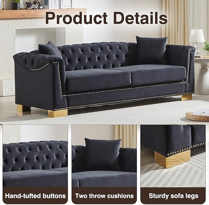 84 inch Chesterfield 3 Seater Sofa Oversized Mid Century Modern Sofa Couch with Gold Rivet Decoration Cloud Comfy Velvet Upholstered Button-Tufted Couch for Living Room Office Black