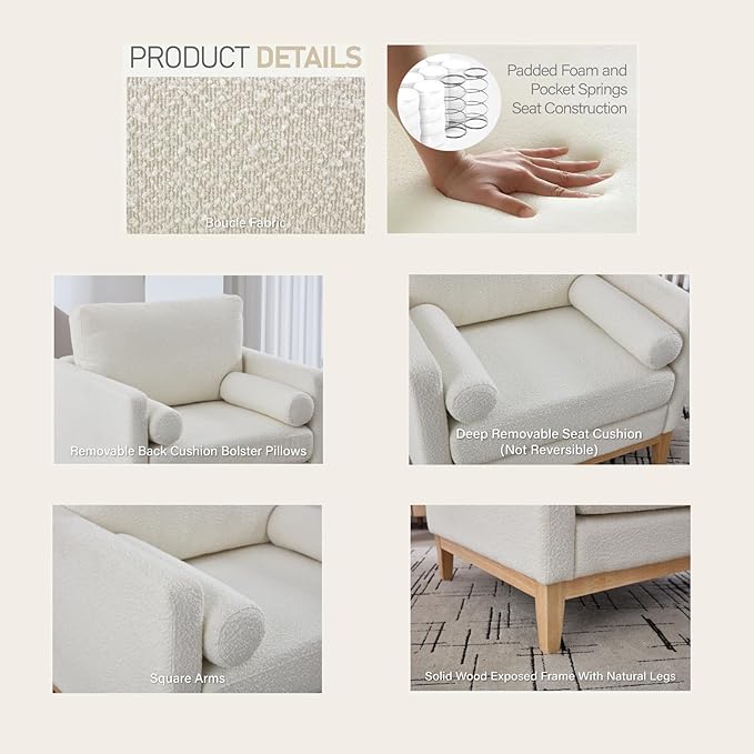 35.4 Ivory Boucle Modern Accent Chair with Wood Legs - Pocket Spring Foam SeatBolster PillowsEasy Assembly Reading Armchair Single Sofa for Living Room &amp OfficesLounge (Ivory+Natural Legs)