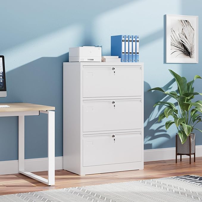 SUXXAN 3 Drawer File Cabinet Lateral Filing Cabinet with 3 Locks for Home Office Black File Cabinets with Business Card Holder for Letter/Legal/F4/A4 Hanging Files