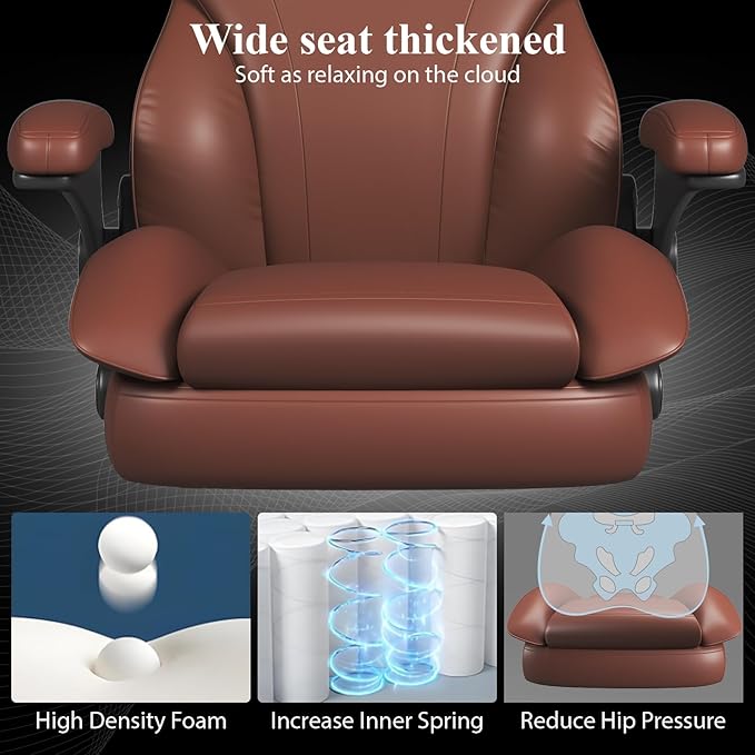 Office Desk Chair Executive Leather Office Chair High Back Ergonomic Home Desk Chair with Padded Flip-up Arms Big and Tall Computer Chair with Rocking Function 360°Swivel Free Light Brown