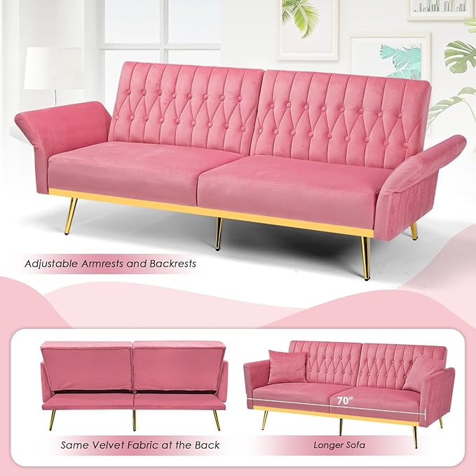 70 Velvet Futon with Adjustable Backrest and Armrests Sofa Bed with Extra Pillows for Waiting Room Living Room and Office Pink