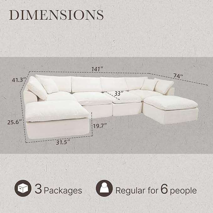 Cloud Modular Sectional Sofa Couch141” U-Shape Sofa with Wide Armrest Modern High-Density Sponge Compressed Couch for Living Room BedroomNo Assembly Needed (White 4 Seats+ 2 Ottoman)