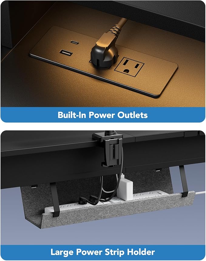 HUANUO 65″ L-Shaped Standing Desk with Power Outlets &amp LED Strip Electric Height Adjustable Corner Computer Desk Sit Stand Up Desk with 3 Drawers Black
