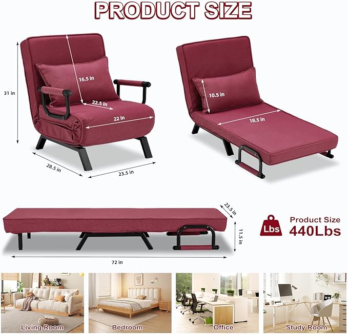Folding Sofa Bed Sleeper Chair3-in-1 Single Convertible Sofa with Adjustable BackrestLazy Bed Leisure Recliner with PillowTri-fold Upholstered Armchair (Red Standard)