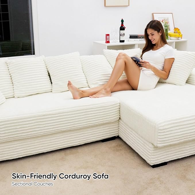 111'' Modern Sectional Cloud Sofa with Chaise Extra Large Sleeper Couches Corduroy with 8pcs Pillows for Living Room Bedroom