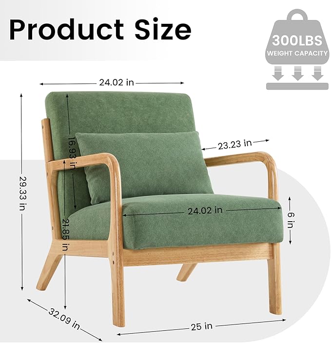 Mid Century Modern Accent Chair Set of 2 Upholstered Chair for Living Room Accent Chair with Lumbar Pillow Solid Wood Frame Reading Chair Armchair for Bedroom Small Spaces Green