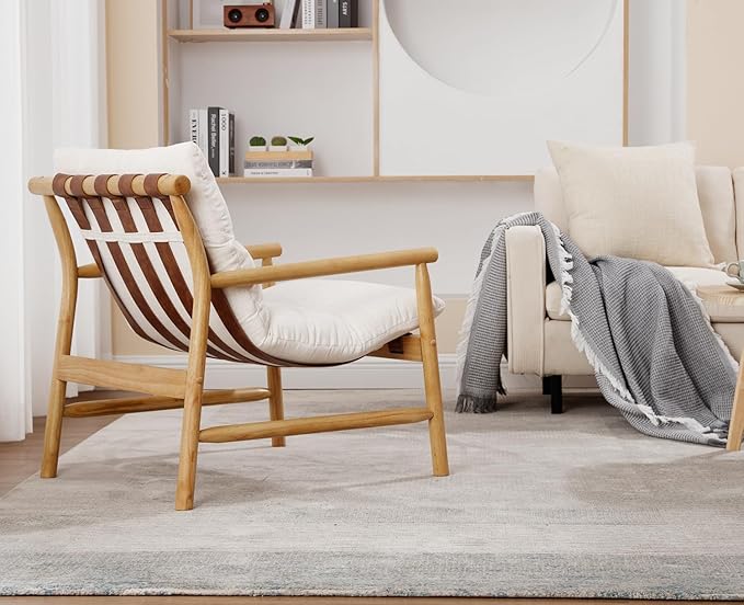 Kmax Modern Sling Accent Chair Mid-Century Linen Living Room Chair Comfy Lounge Chair Solid Wood Frame Chair with Armrest for Reading Room Backyard Beige