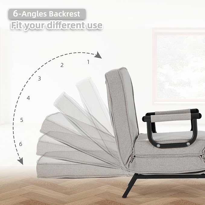 Convertible Sofa Bed Sleeper ChairSingle Person Chaise Lounge Couch with PillowUpholstered Lazy Bed with 6 Angles Adjustable BackrestFolding Sofa Arm Chair for Apartment/Office/Home (Light Gray)