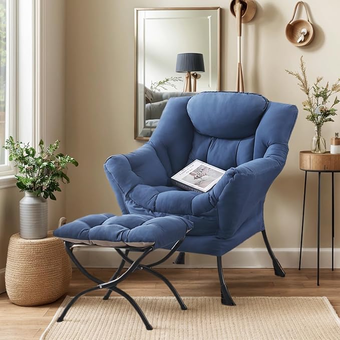 Lazy Chair with Ottoman Large Royal Blue Accent Chair with Ottoman Comfy Reading Armchair Leisure Sofa Chair for Living Room Bedroom Dorm Room Office