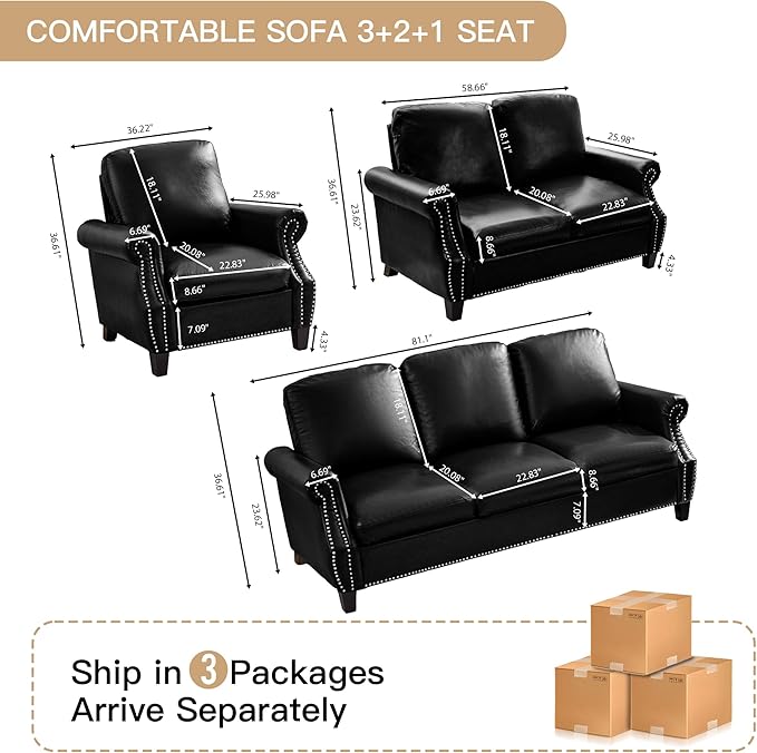 AVZEAR 3-Piece Sectional Sofa Set PU Leather SofaSmall Couch Set Mid Century Modern Couches with Classic Tufted Button Comfy 1+2+3 Seater Couch for Living Room Black