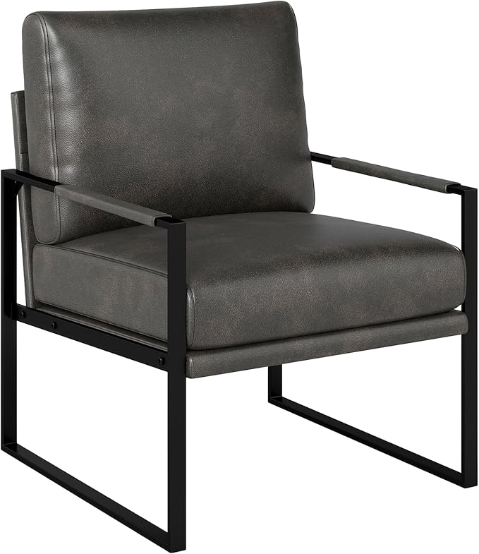 Mid Century Modern Faux Leather Accent Chair Metal Framed Armchair with Extra Soft Removable Seat Cushion &amp Backrest for Living Room Bedroom Waiting Room Easy to Clean (1 Dark Grey)
