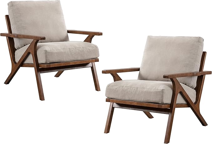 chairus Mid-Century Modern Accent Chairs Set of 2 Comfy Upholstered Lounge Armchairs with Removable Cushions &amp Solid Wood Frame Reading Chairs for Living Room Bedroom Office Beige Denim Fabric