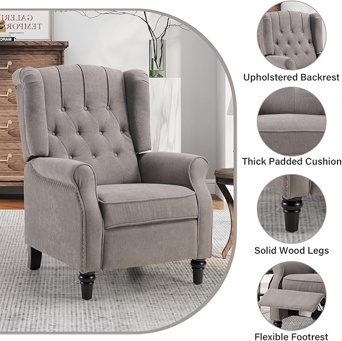 Bonzy Home Push Back Recliner Chair Mid Century Modern Wingback Chair Comfy Armchair Fabric Living Room Chairs with Rivet Decoration Button-Tufted Back Solid Wood Legs Gray