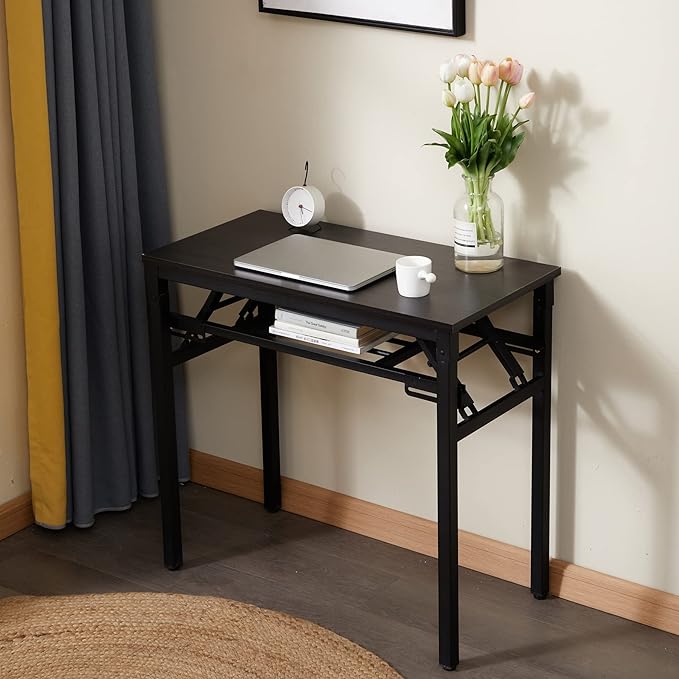 Foldable Laptop Computer Desk Writing Desk Folding Table for Home and Office Modern Style with Storage for Eating Camping and Small Spaces No Assembly Required 2 Tiers Black (31×16)