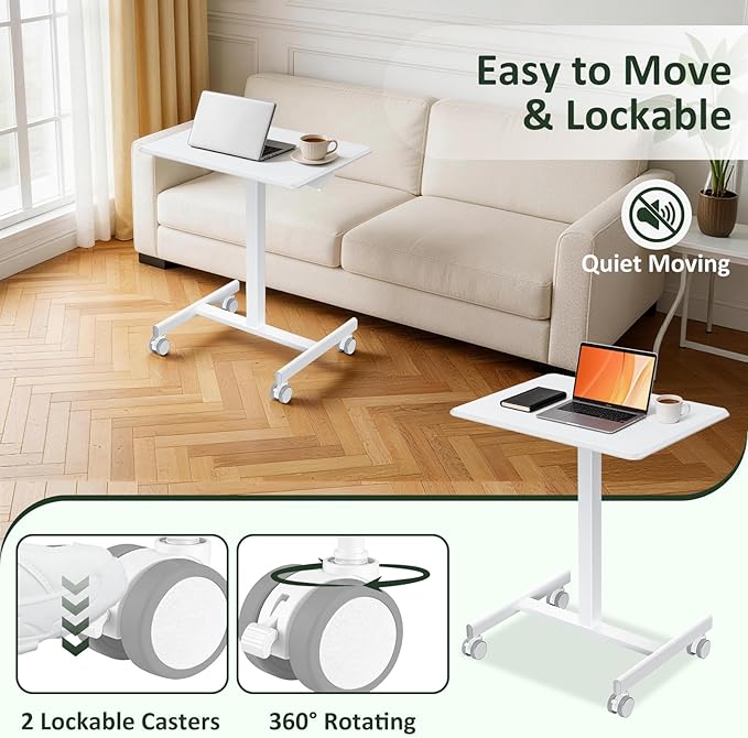 Mobile Standing Desk Adjustable Height Rolling Sit-Stand Laptop Desk with Lockable Casters Portable Compact Computer Table for Home Office Dorm White