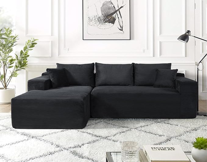 Ridge 2-Piece Convertible Corduroy L-Shaped Sofa in a Box with Pillows 3-Seater Modular Sectional Couch Compressed Living Room Furniture Black (Left Facing)
