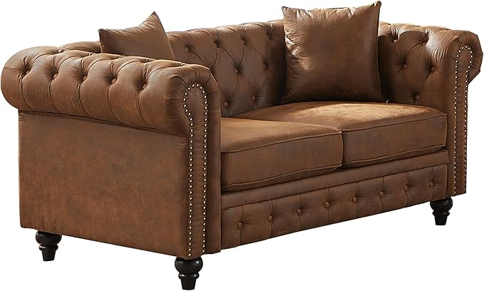 KEIKI Chesterfield Sofa Retro Style Upholstered 2 Seater Tech Fabric Couch with Rolled Arm for Living Room Bedroom Office Brown