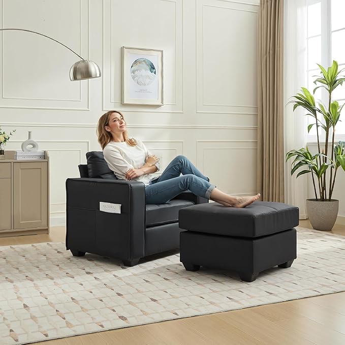 TYBOATLE Oversized Wide Accent Chair with Ottoman Wide Chaise Lounge Chair Indoor Mid Century Modern Armchair with Pockets Leather Comfy Chairs for Bedroom Living Room Office (Black)