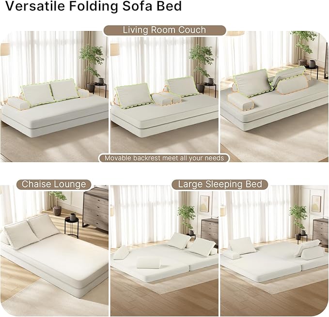 87 Folding Sofa Bed King Size Convertible Sleeper Sofa with Movable Backrest Foldable Futon Floor Couch Bed Chenille Boneless Couches for Living Room(White)